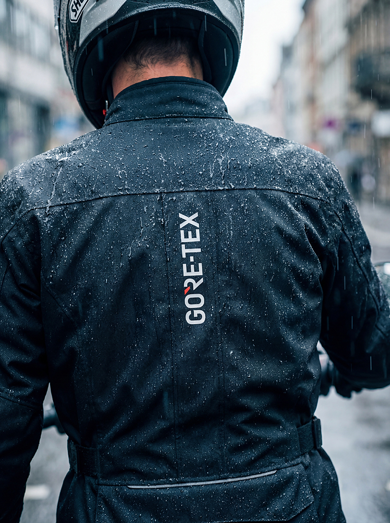 Motorcyclist wearing Gore-Tex motorcycle jacket in rain